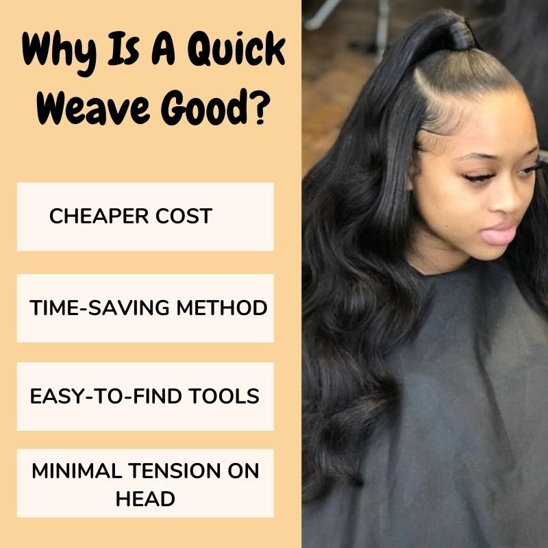 A girl with a part of process to successfully apply a quick weave