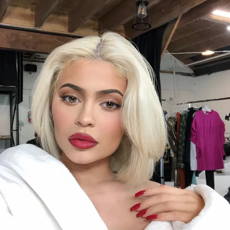 Kylie Jenner portrait with white-dye hair extensions